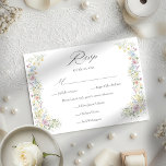 Cartão RSVP Pastel Wildflower Watercolor Floral Garden Wedding<br><div class="desc">Embrace the charm of a romantic countryside celebration with this elegant watercolor wedding design that features a delicate floral wreath border in vintage Regency style, composed of whimsical wildflowers, including lavender sprigs, soft pink cosmos, and golden yellow daisies, all rendered in a sophisticated pastel palette. The clean, modern serif typography...</div>
