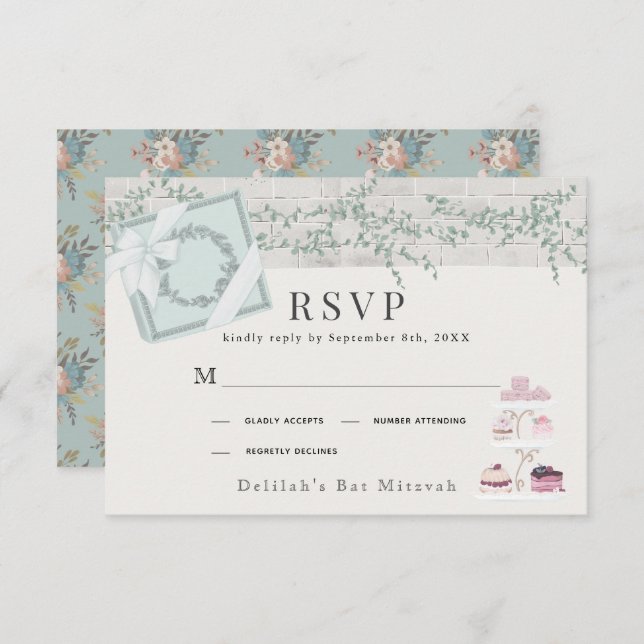 Cartão RSVP Patisserie Paris Green Bat Mitzvah (Frente/Verso)