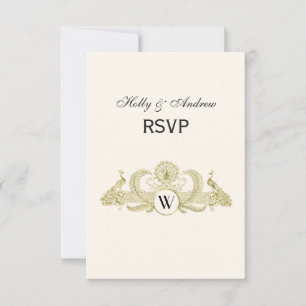 Cartão RSVP Pavões Vintage Monograma Dourado Falso Marfim BG