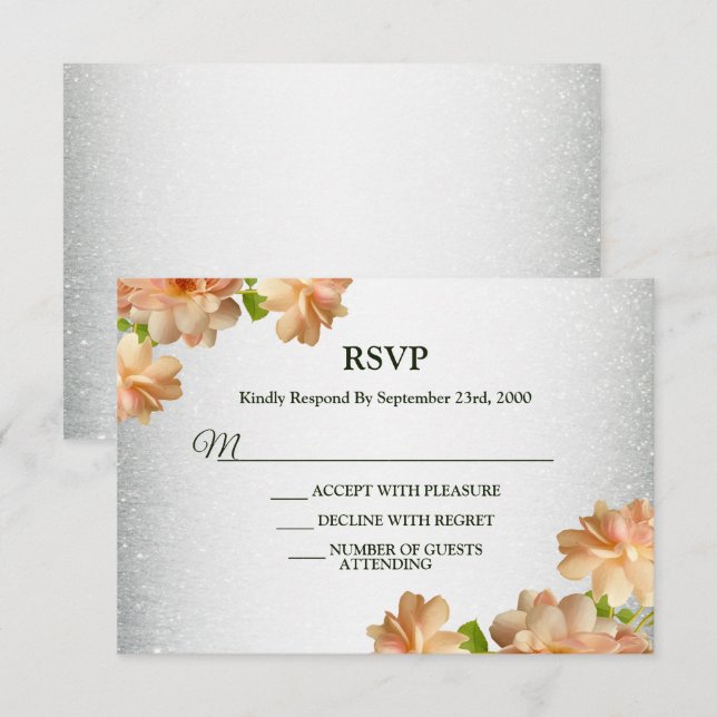 Cartão RSVP Peach Floral Silver Glitter Modern Wedding Party (Frente/Verso)