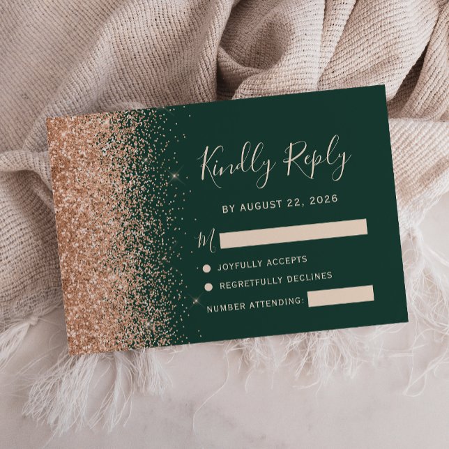 Cartão RSVP Peach Glitter Emerald Green Wedding (Criador carregado)