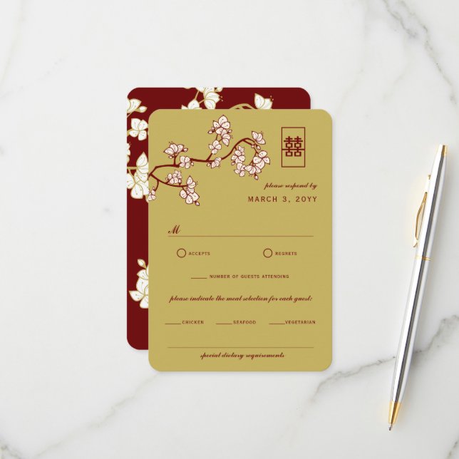 Cartão RSVP Peach/Plum Blossoms Vermelho Dupla Felicidade Casa (Frente/Verso In Situ)