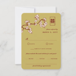 Cartão RSVP Peach/Plum Blossoms Vermelho Dupla Felicidade Casa
