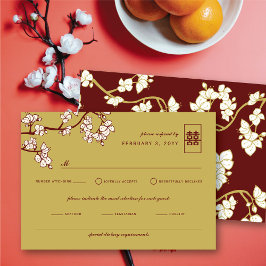 Cartão RSVP Peach/Plum Blossoms Vermelho Dupla Felicidade Casa
