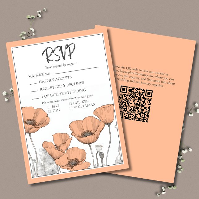 Cartão RSVP Peach Poppies Floral Elegante Moderno Casamento (Peach Poppies Elegant Wedding RSVP with menu options and QR code for your wedding website.)