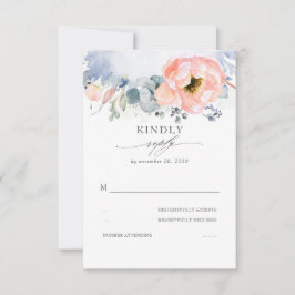 Cartão RSVP Peach Watercolor Flower Elegant Dusty Blue Casamen
