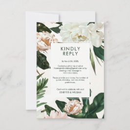 Cartão RSVP Peach White Peonies e Green Deixa Casamento Floral