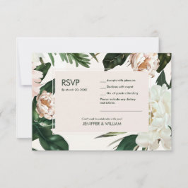 Cartão RSVP Peach White Peonies e Green Deixa Casamento Floral