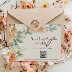Cartão RSVP Peach White Watercolor Floral Eucalyptus QR Code