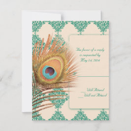 Cartão RSVP Peacock Feather sobre o Teal Azulejo marroquino