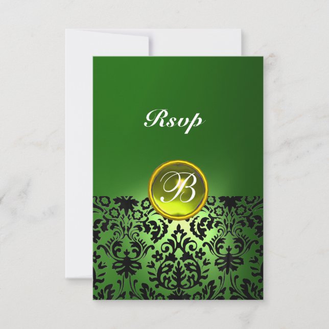 Cartão RSVP PEDRA PRECIOSA DAMASCO MONOGRAMA Amarelo Verde Rsv (Frente)