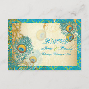 Cartão RSVP Pena de pavão/aqua/turquesa