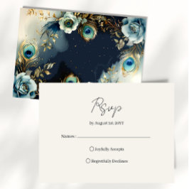 Cartão RSVP Penas de Pavão Celestial Elegante Casamento