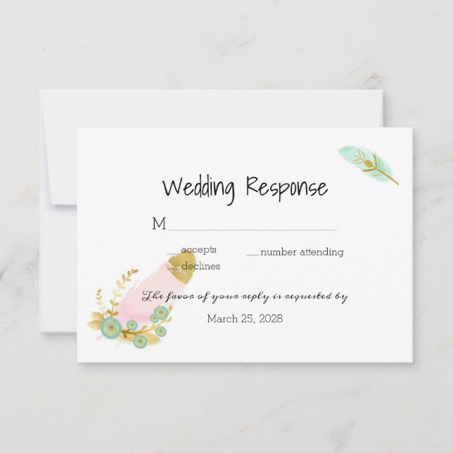 Cartão RSVP Penas Douradas e rosa-boho (Frente)