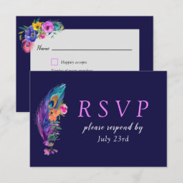 Cartão RSVP Penas e flores de peacock Quinceañera