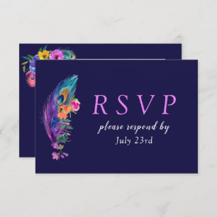 Cartão RSVP Penas e flores de peacock Quinceañera