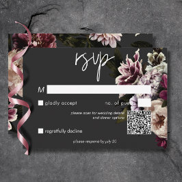 Cartão RSVP Peões de Creme Floral Preto-QR Moderno
