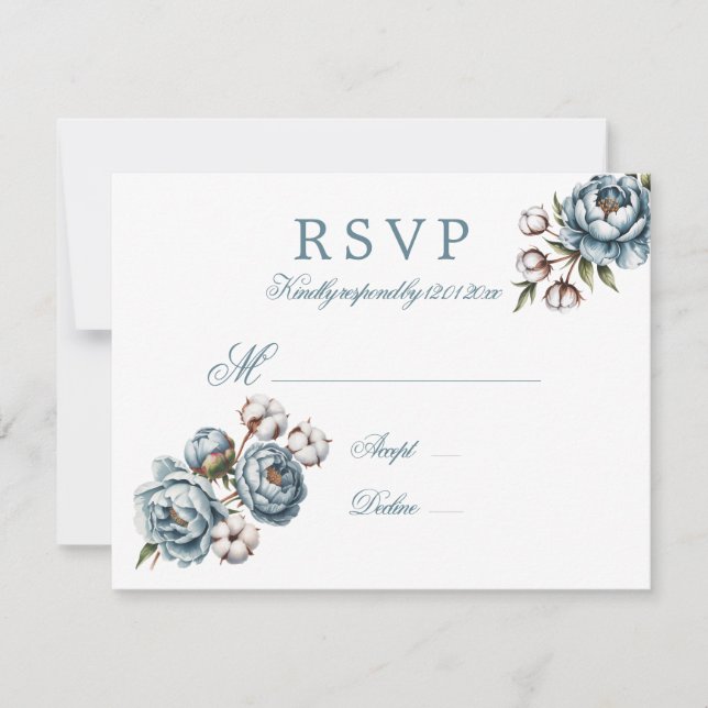 Cartão RSVP Peônia Azul e Algodão Casamento (Frente)