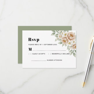 Cartão RSVP Peônia Creme Elegante e Rosa Branca para Casamento
