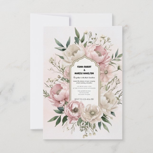 Cartão RSVP Peônias Rosa e Verde Romântico Boho (Frente)