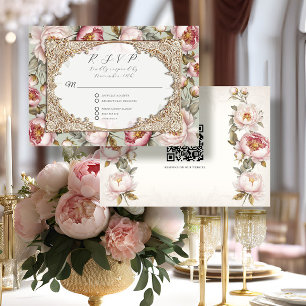 Cartão RSVP Peony Floral Elegante Dourado Pink e Sage Weding