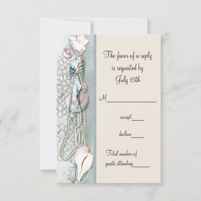 Cartão RSVP Pérolas de Conchas Elegante Casamento à Beira-Mar  (Frente)