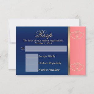 Cartão RSVP Personalizado - Coral e Marinho Azul com Corações