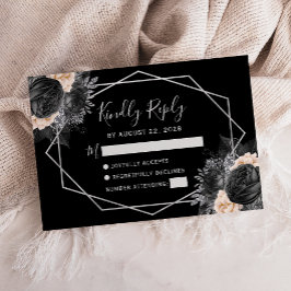 Cartão RSVP Pêssego Prateado Floral Geométrico Preto