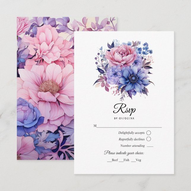 Cartão RSVP Petal Rosa, Cornflower Blue & Mauve Purple Weding (Frente/Verso)