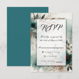 Cartão RSVP Pétalas Azul-Verdes em Flor Bronze Casamento