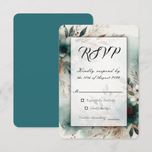 Cartão RSVP Pétalas Azul-Verdes em Flor Bronze Casamento