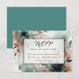 Cartão RSVP Pétalas Azul-Verdes em Flores de Bronze Casamento