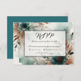 Cartão RSVP Pétalas de Teal no Casamento de Sangue de Bronze