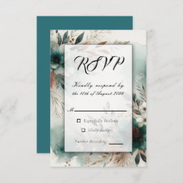 Cartão RSVP Pétalas de Teal no Casamento de Sangue de Bronze