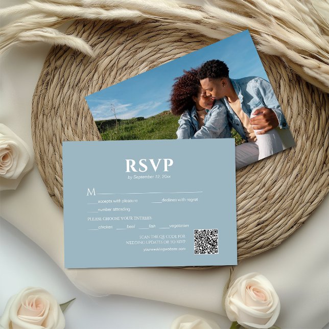 Cartão RSVP Photo Dust Blue QR Code Wedding (Criador carregado)