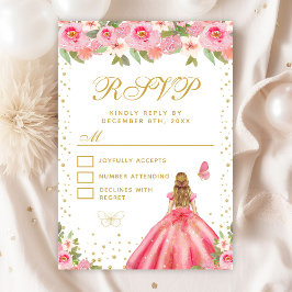 Cartão RSVP Pia Floral Loura Cor de Rosa Princesa Doce Dezesse