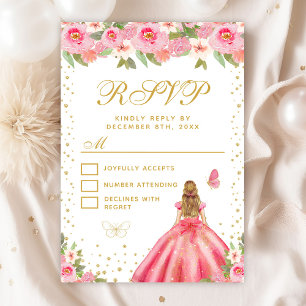 Cartão RSVP Pia Floral Loura Cor de Rosa Princesa Doce Dezesse