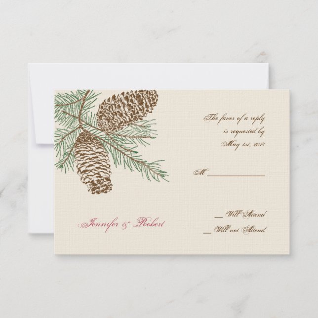 Cartão RSVP Pine Cone Nature no Cream Weds Response Card (Frente)