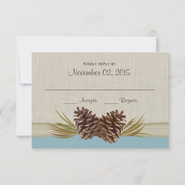 Cartão RSVP Pine Cones e Burlap Blue Response Card (Frente)