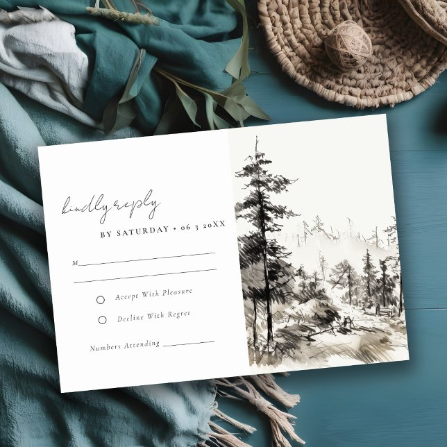 Cartão RSVP Pine Woods Mountain Landscape Casamento (Criador carregado)