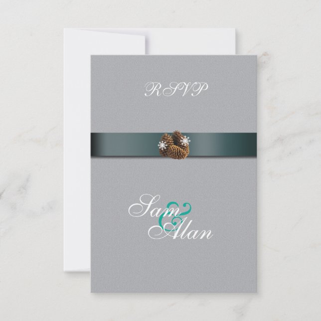 Cartão RSVP Pinecones de Flocos de Neve casamento no inverno (Frente)