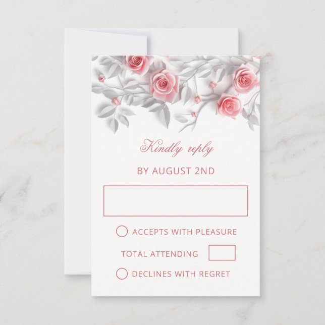Cartão RSVP Pink 3D Roses Wedding (Frente)