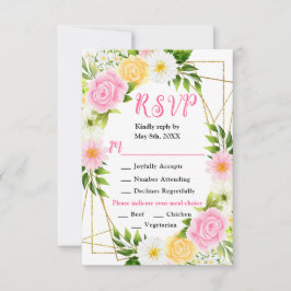 Cartão RSVP Pink and Yellow Flowers with Foliage Wedding