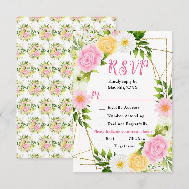 Cartão RSVP Pink and Yellow Flowers with Foliage Wedding (Frente/Verso)