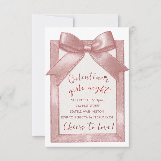 Cartão RSVP Pink Bow Custom Galentine's Party Invitation (Frente)