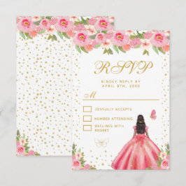 Cartão RSVP Pink Floral Dark Skin Princess Sweet Sixteen