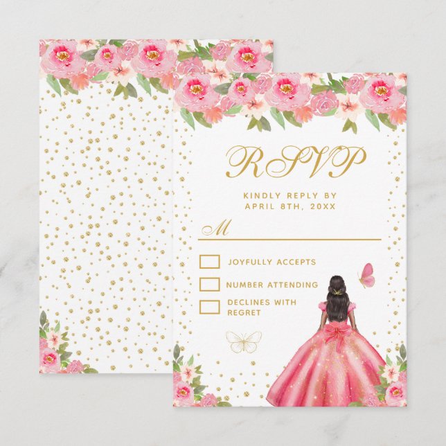 Cartão RSVP Pink Floral Dark Skin Princess Sweet Sixteen (Frente/Verso)