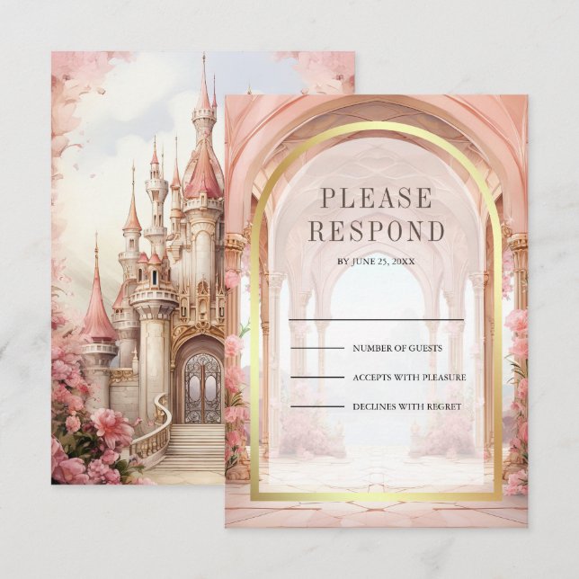 Cartão RSVP Pink Floral Fairytale Castle Wedding (Frente/Verso)