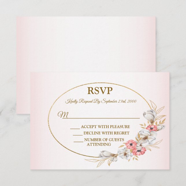 Cartão RSVP Pink Floral Golden Peach Modern Wedding Party (Frente/Verso)