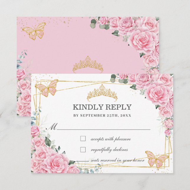 Cartão RSVP Pink Floral Quinceañera Sweet 16 Butterflies Reply (Frente/Verso)